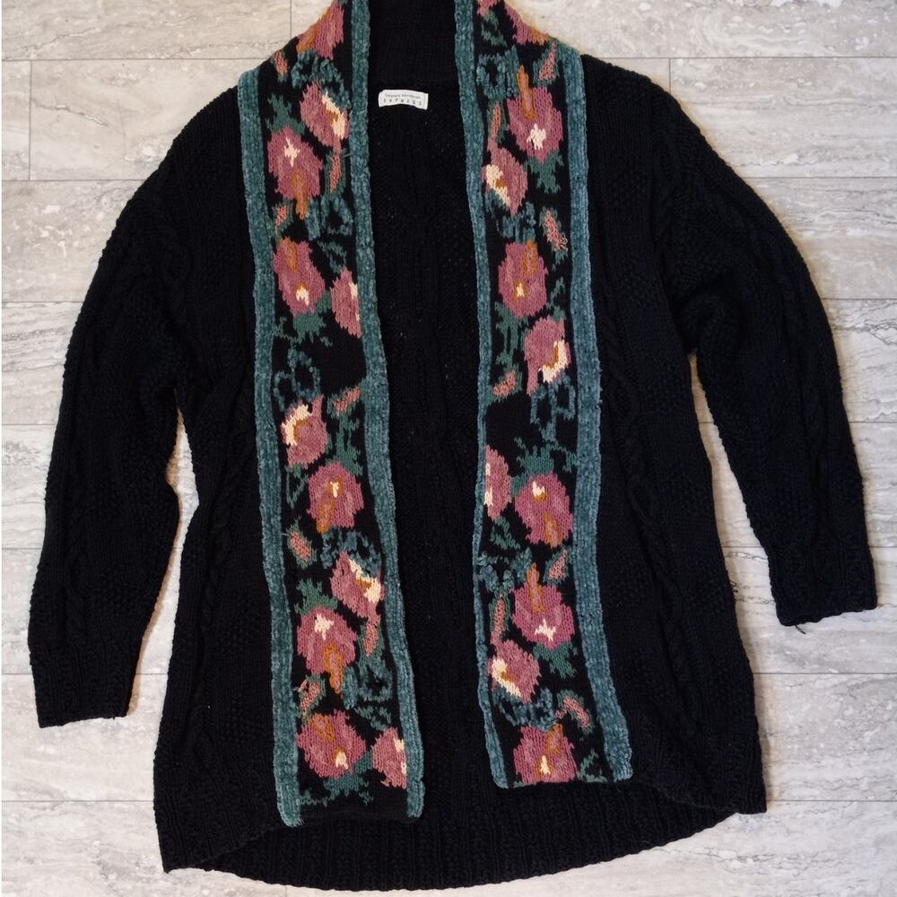 VTG Express black heavy knit floral crochet long open‎ front sweater SIZE L